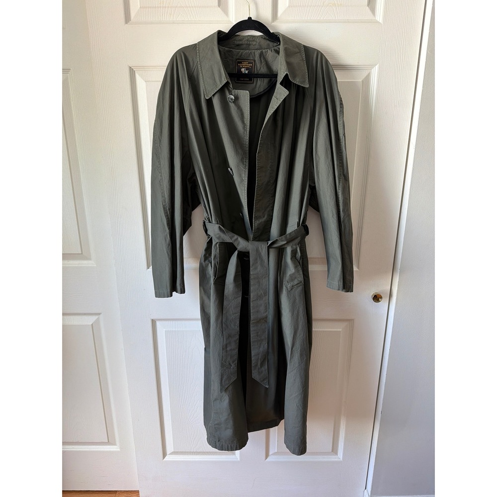 Hart Schaffner Marx Trench Coat Mens 42R Olive Green Cotton Belted Duster Jacket